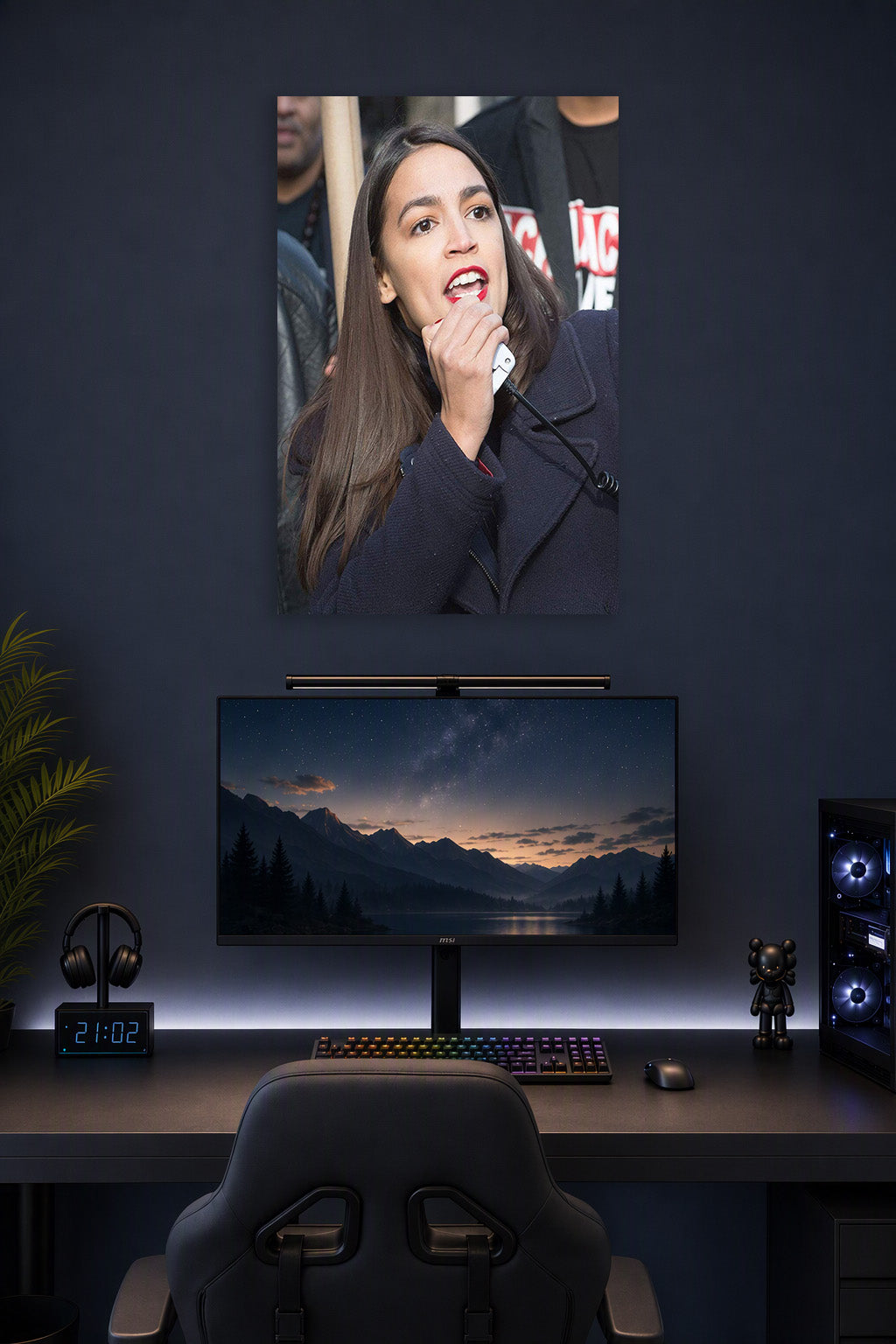 Alexandria Ocasio-Cortez in a gaming desk setup above a monitor.