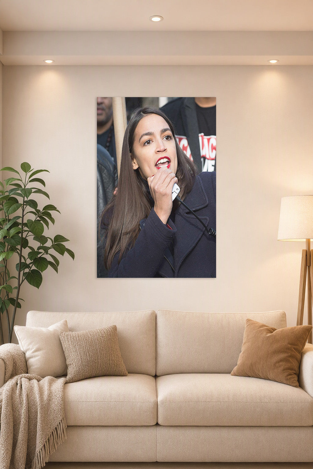 Alexandria Ocasio-Cortez in a bright living room above a beige sofa.