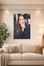 Alexandria Ocasio-Cortez in a bright living room above a beige sofa.