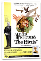 The Birds movie poster canvas print depicts a terrified woman shielding herself from black birds, with Hitchcock on a yellow panel.
