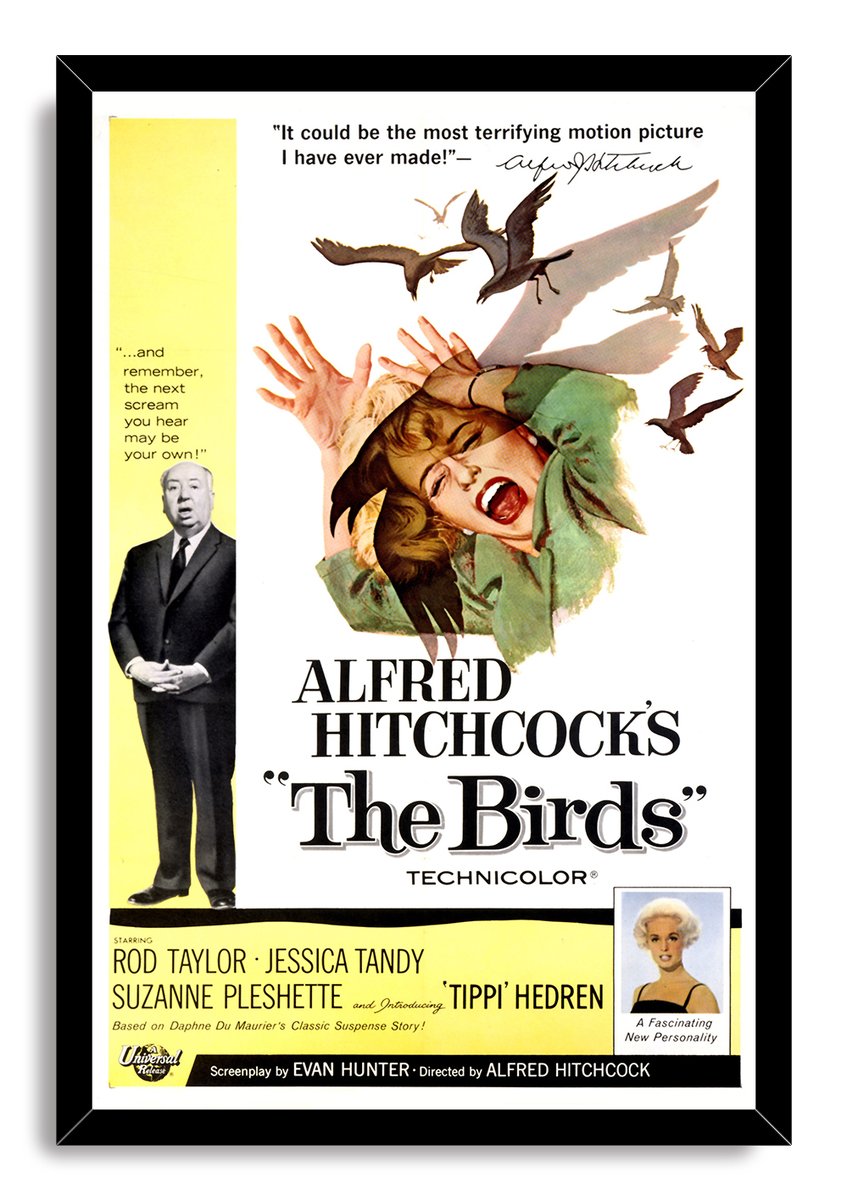 The Birds movie poster wall art print in a black frame features a screaming woman, flying birds, yellow credits, and Hitchcock.
