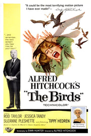 The Birds movie poster wall art print features a screaming woman in green under attacking black birds, beside Alfred Hitchcock.