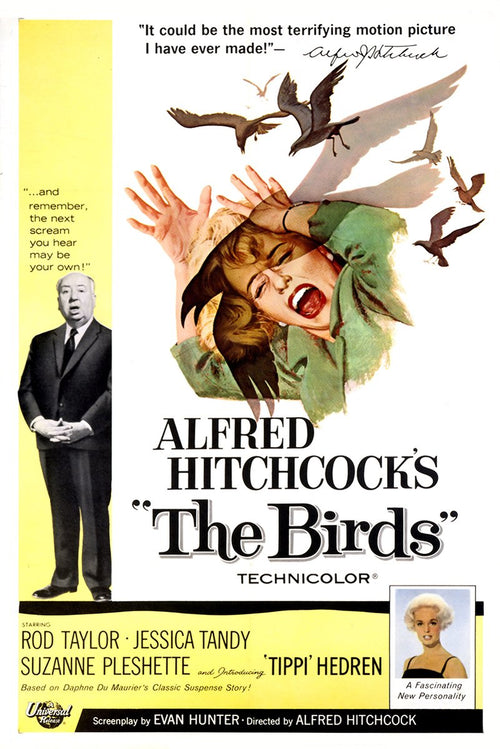 The Birds movie poster wall art print features a screaming woman in green under attacking black birds, beside Alfred Hitchcock.