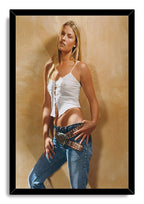 Ali Larter framed wall art print features a blonde woman in a white camisole and jeans against a warm textured wall.
