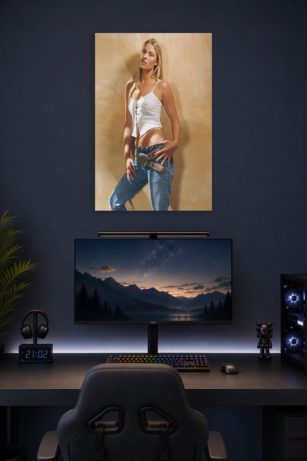Ali Larter in a gaming desk setup above a monitor.