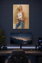 Ali Larter in a gaming desk setup above a monitor.