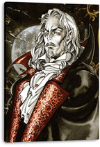 Alucard canvas wall art print features a close portrait of the white-haired vampire in a red patterned coat and dark cape.