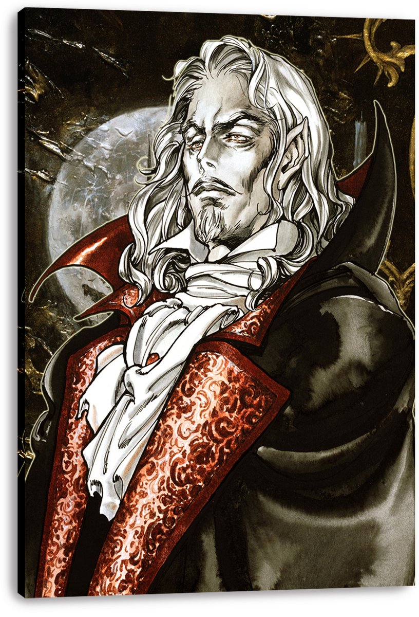 Alucard canvas wall art print features a close portrait of the white-haired vampire in a red patterned coat and dark cape.