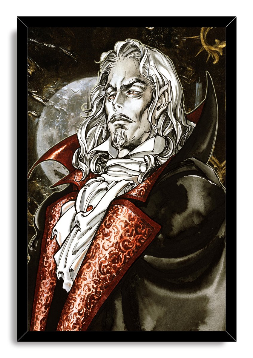 Alucard framed wall art print depicts the pale, long-haired vampire in a black cloak, red brocade coat, and white cravat.
