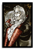 Alucard framed wall art print depicts the pale, long-haired vampire in a black cloak, red brocade coat, and white cravat.