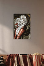 Alucard Castlevania in a cozy movie room above a brown sofa with popcorn.