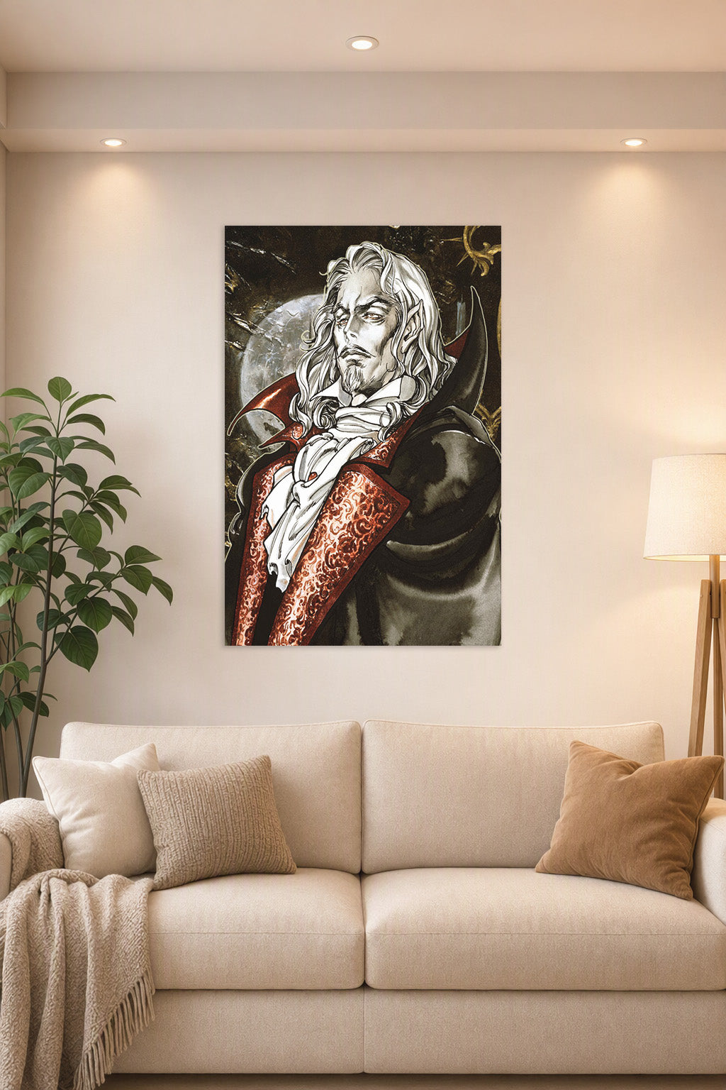 Alucard Castlevania in a bright living room above a beige sofa.