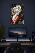 Alucard Castlevania in a gaming desk setup above a monitor.