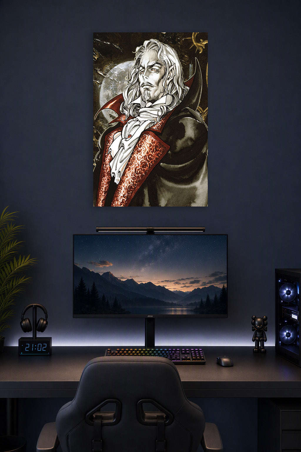 Alucard Castlevania in a gaming desk setup above a monitor.