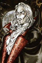 Alucard wall art print portrays the white-haired vampire in a black cloak and red brocade coat before a pale full moon.