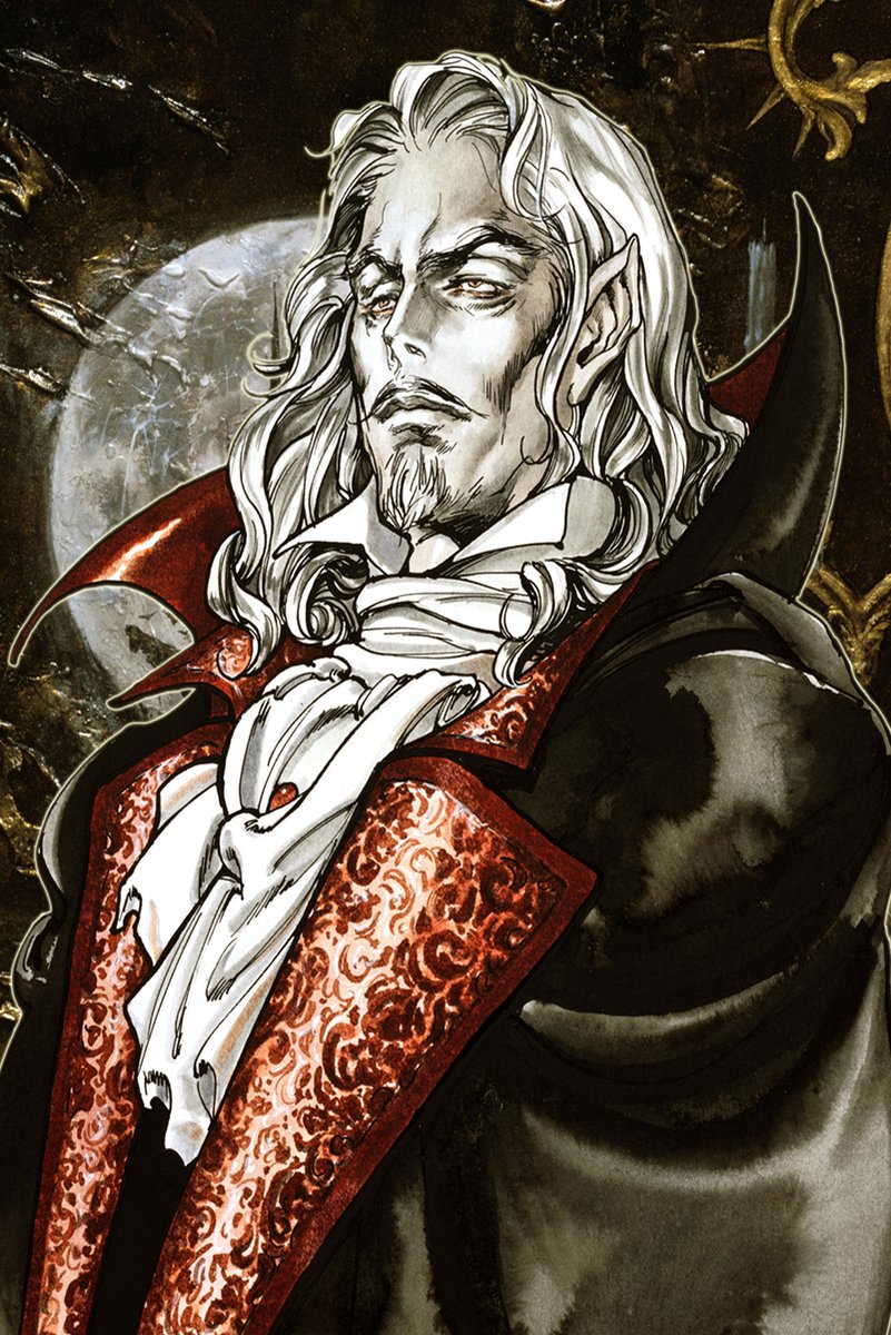 Alucard wall art print portrays the white-haired vampire in a black cloak and red brocade coat before a pale full moon.