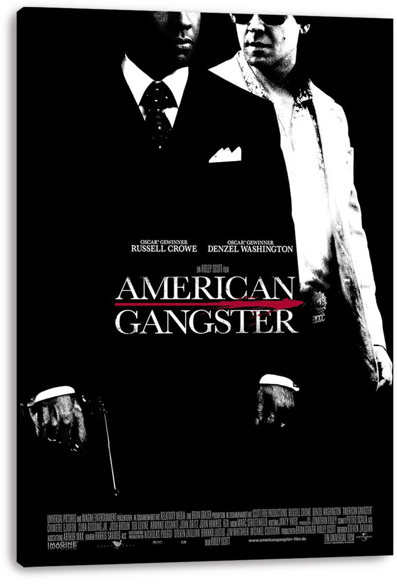 American Gangster canvas wall art print featuring two black-and-white male figures, bold white title text, and a red accent slash.