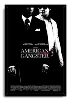 American Gangster framed wall art print with black border, two contrasting suited men, white typography, and a red title slash.