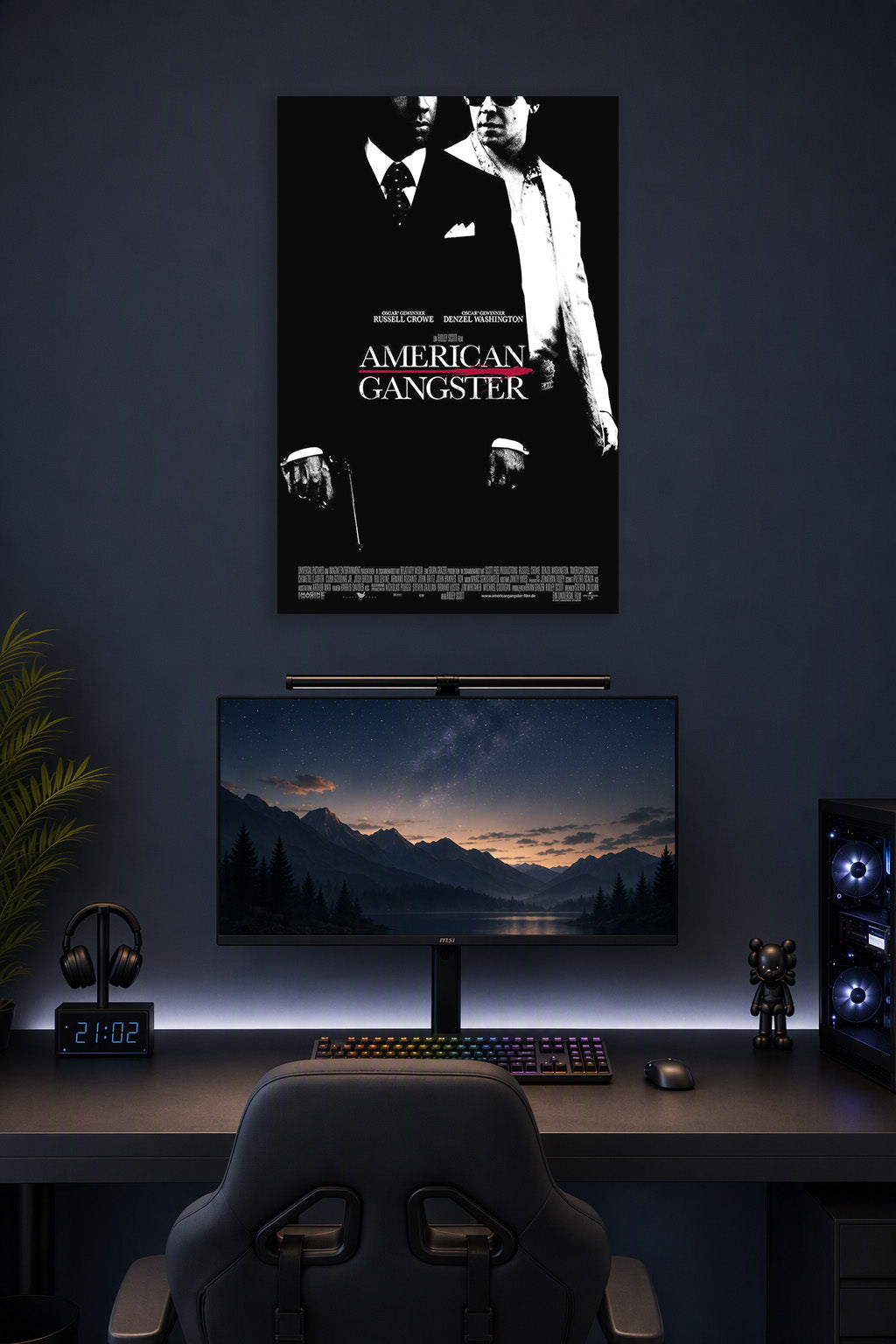 American Gangster Movie in a gaming desk setup above a monitor.