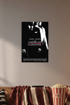 American Gangster Movie in a cozy movie room above a brown sofa with popcorn.