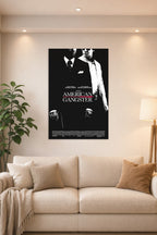 American Gangster Movie in a bright living room above a beige sofa.