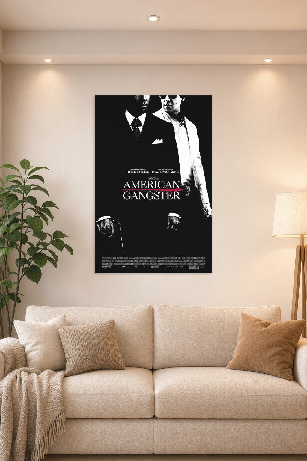 American Gangster Movie in a bright living room above a beige sofa.