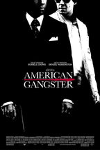 American Gangster movie poster wall art print with two men in stark black-and-white suits and a red slash through the title.