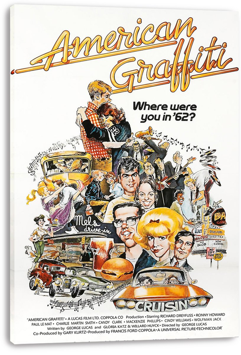 American Graffiti canvas wall art print featuring orange script lettering, illustrated characters, vintage cars, music notes, and Mel's Drive-In.