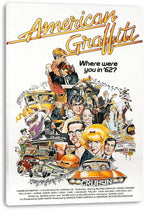 American Graffiti canvas wall art print featuring orange script lettering, illustrated characters, vintage cars, music notes, and Mel's Drive-In.