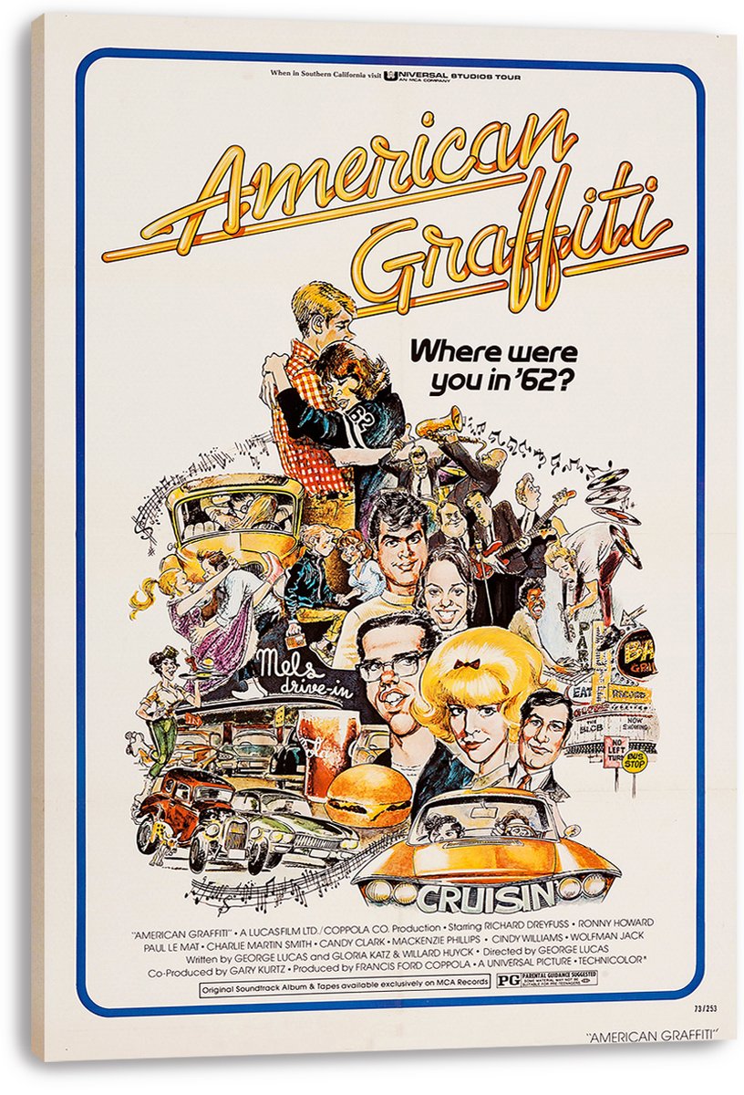 American Graffiti canvas wall art print featuring a colorful collage of characters, dancing couple, classic cars, burger, and Mel's Drive-In.
