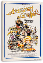 American Graffiti canvas wall art print featuring a colorful collage of characters, dancing couple, classic cars, burger, and Mel's Drive-In.