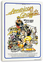 American Graffiti wall art print on a thick white canvas, featuring a retro collage of teens, hot rods, burgers, and musicians.