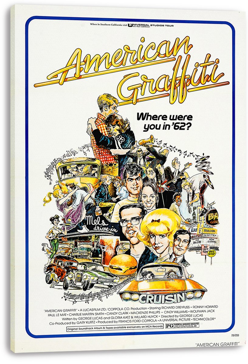 American Graffiti wall art print on a thick white canvas, featuring a retro collage of teens, hot rods, burgers, and musicians.