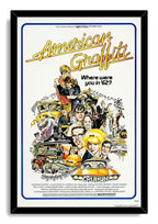 American Graffiti framed wall art print with a black border, yellow title lettering, illustrated characters, diners, and cruising cars.