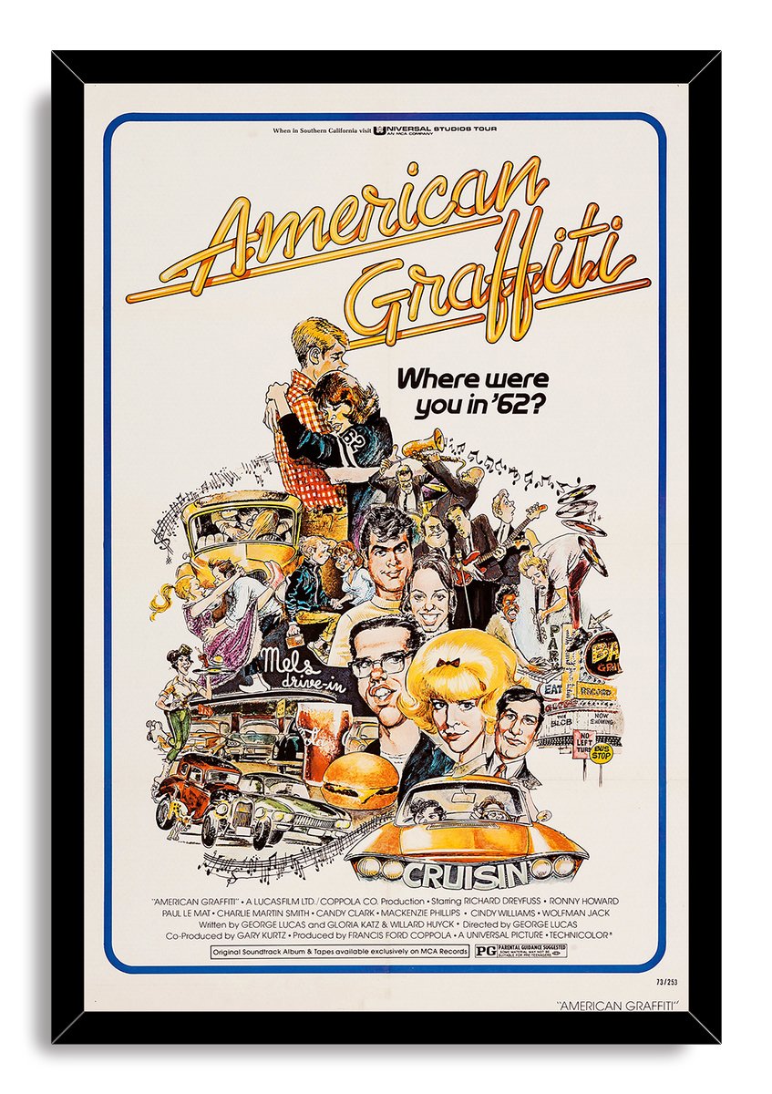 American Graffiti framed wall art print in a black frame, with retro cast portraits, cruising cars, musicians, and blue border.