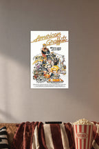 American Graffiti Movie Poster in a cozy movie room above a brown sofa with popcorn.