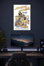 American Graffiti Movie Poster in a gaming desk setup above a monitor.