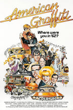 American Graffiti movie poster wall art print with a colorful collage of young people, classic cars, a band, diner signs, and cruising scene.