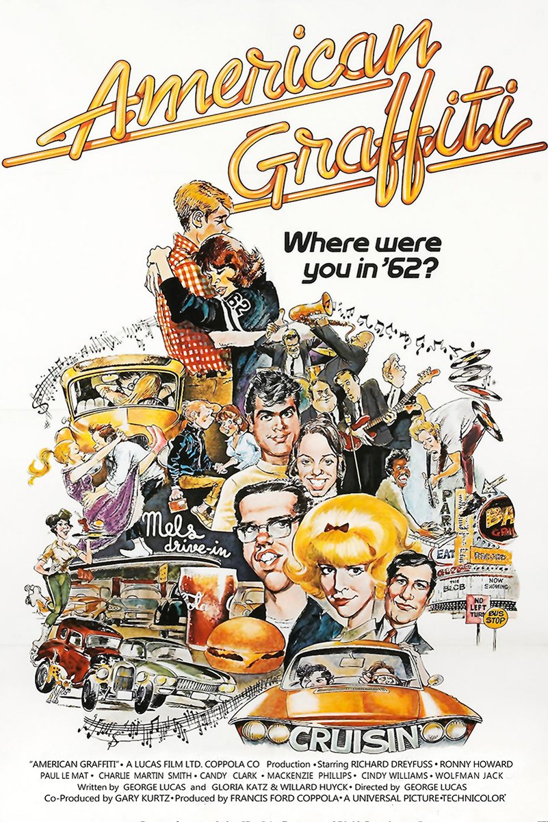 American Graffiti movie poster wall art print with a colorful collage of young people, classic cars, a band, diner signs, and cruising scene.