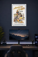 American Graffiti Movie Poster in a gaming desk setup above a monitor.