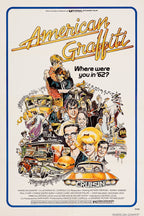 American Graffiti movie poster wall art print with yellow script title, 1960s teens, musicians, hot rods, and diner scenes.