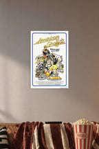 American Graffiti Movie Poster in a cozy movie room above a brown sofa with popcorn.