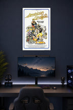 American Graffiti Movie Poster in a gaming desk setup above a monitor.