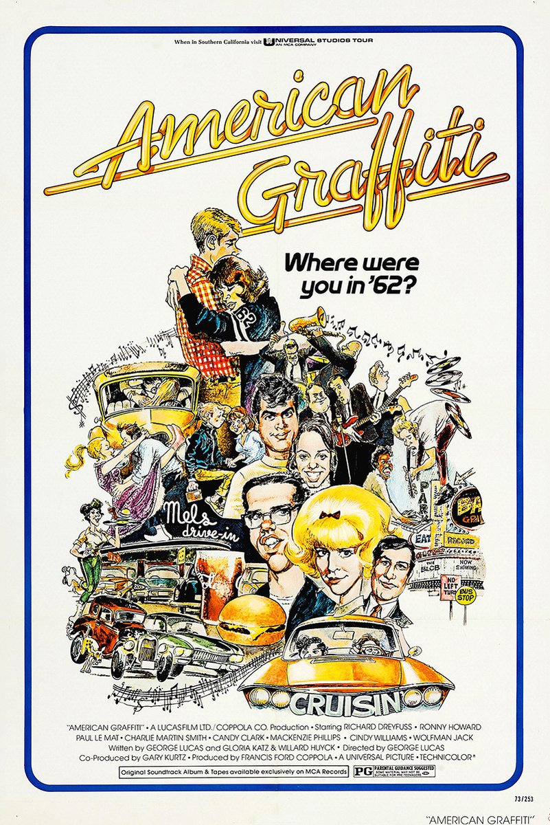 American Graffiti poster with yellow script title, a couple, character portraits, classic cars, diner scenes, and music notes.