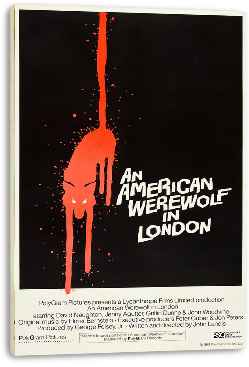 An American Werewolf in London canvas wall art print with a red dripping wolf silhouette and bold white lettering on black.