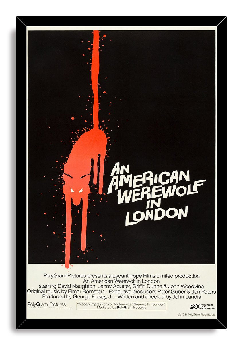 An American Werewolf in London framed wall art print with a black frame, red wolf silhouette, white title, and film credits.