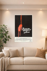 An American Werewolf in London Movie Poster in a bright living room above a beige sofa.