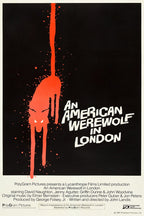 An American Werewolf in London movie poster with a red dripping wolf silhouette, white title text, and credits on black.