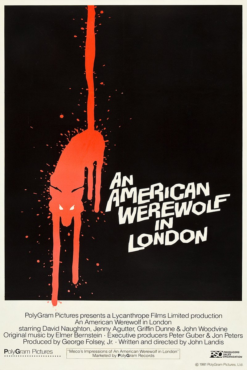 An American Werewolf in London movie poster with a red dripping wolf silhouette, white title text, and credits on black.