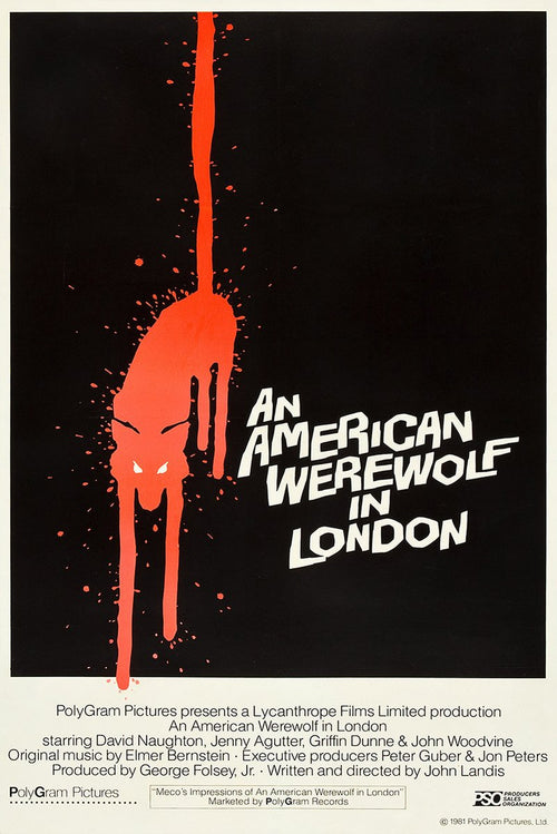 An American Werewolf in London movie poster with a red dripping wolf silhouette, white title text, and credits on black.